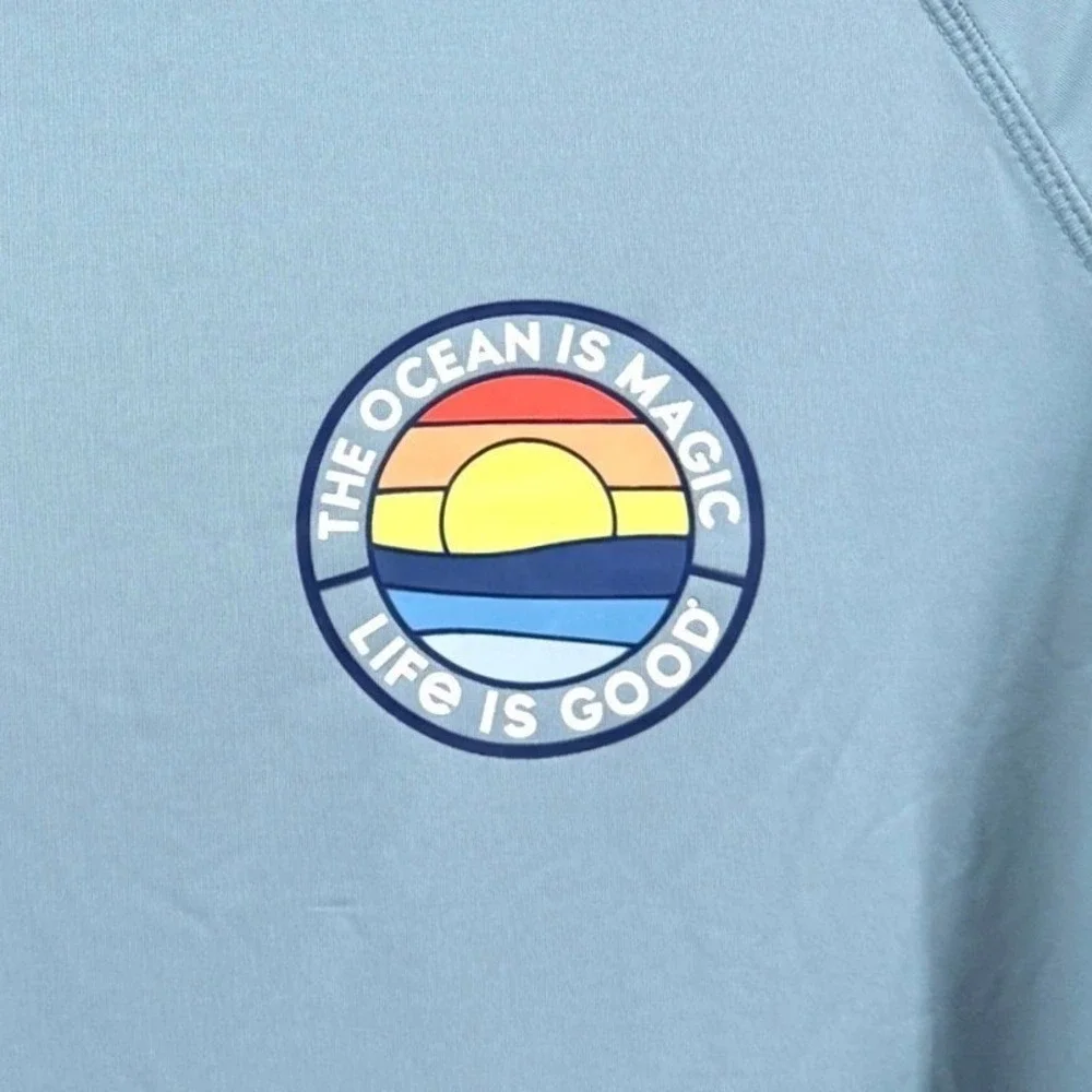 NEW Life Is Good Swim Hoodie Mens Large Rash Guard Blue 